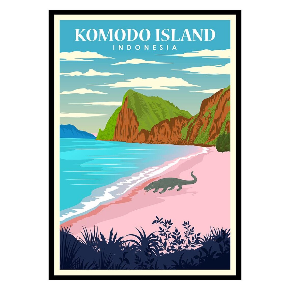 Komodo Island Indonesia Pink Beach Dragon Vintage Travel Poster