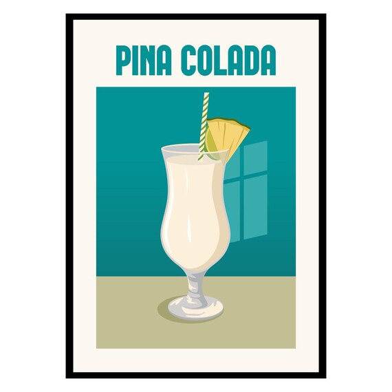 Pina Colada Retro Cocktail Glass Teal Bar Cart Kitchen Poster
