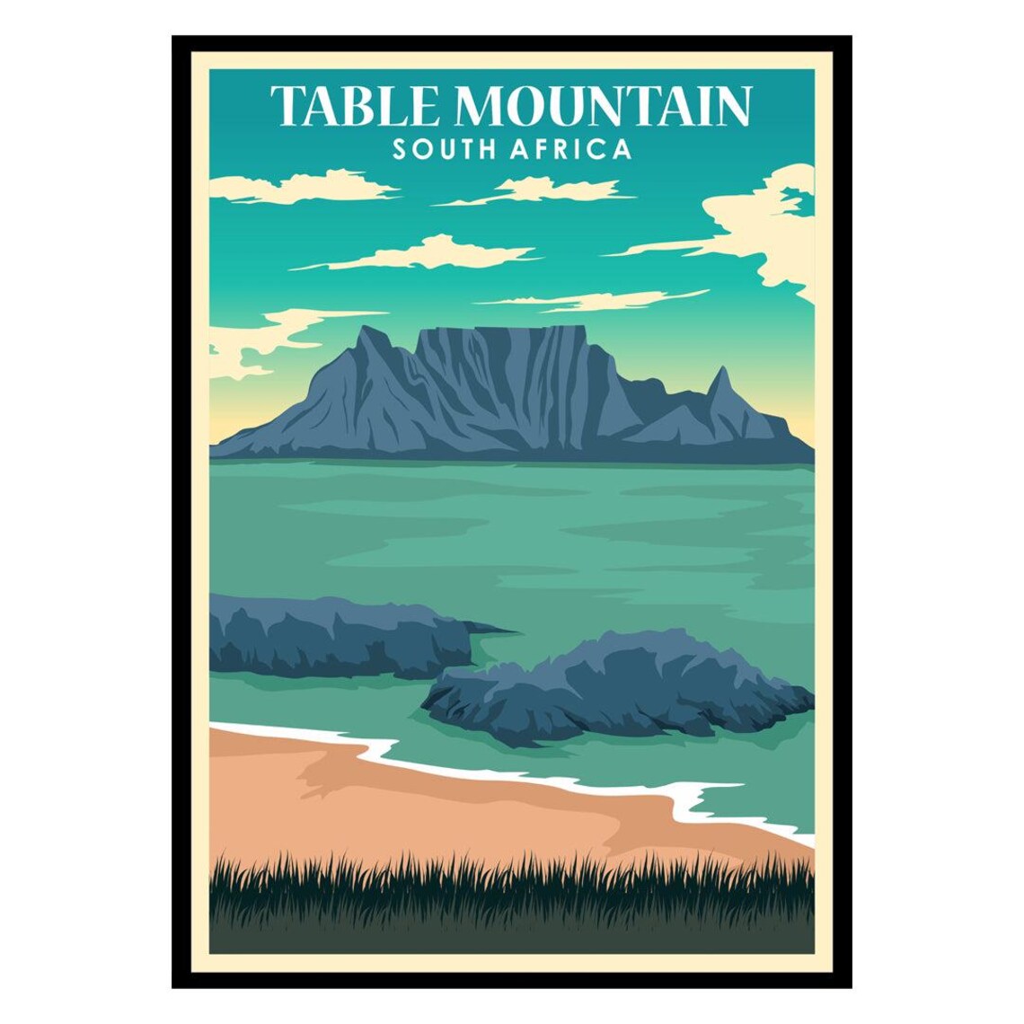 Table Mountain South Africa Ocean Beach Vintage Travel Poster