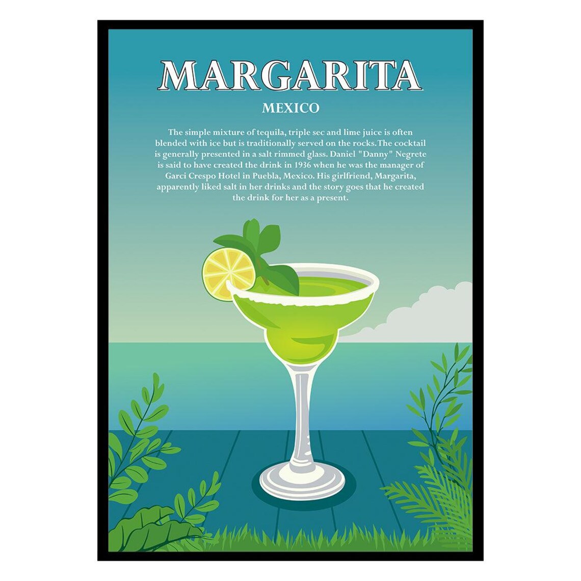 Margarita Mexico Salt Rim Cocktail Recipe Beach Bar Art Poster