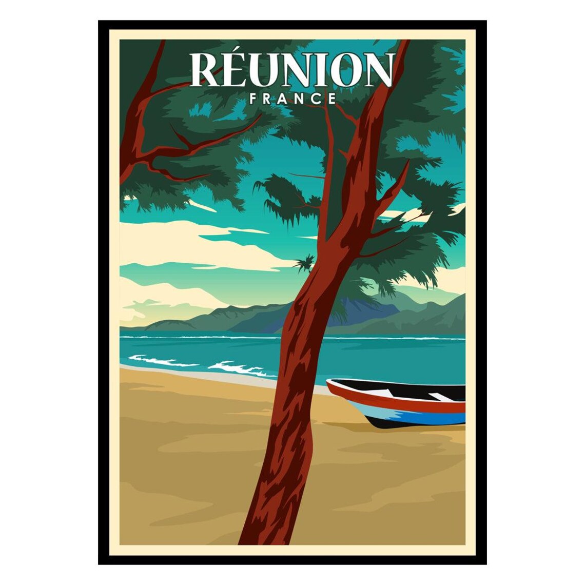 Reunion France Tropical Beach Vintage Travel Illustration Wall Poster