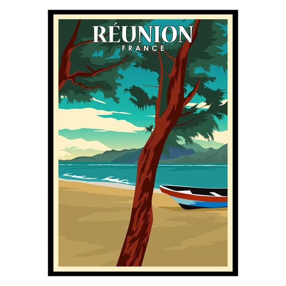 Reunion France Tropical Beach Vintage Travel Illustration Wall Poster