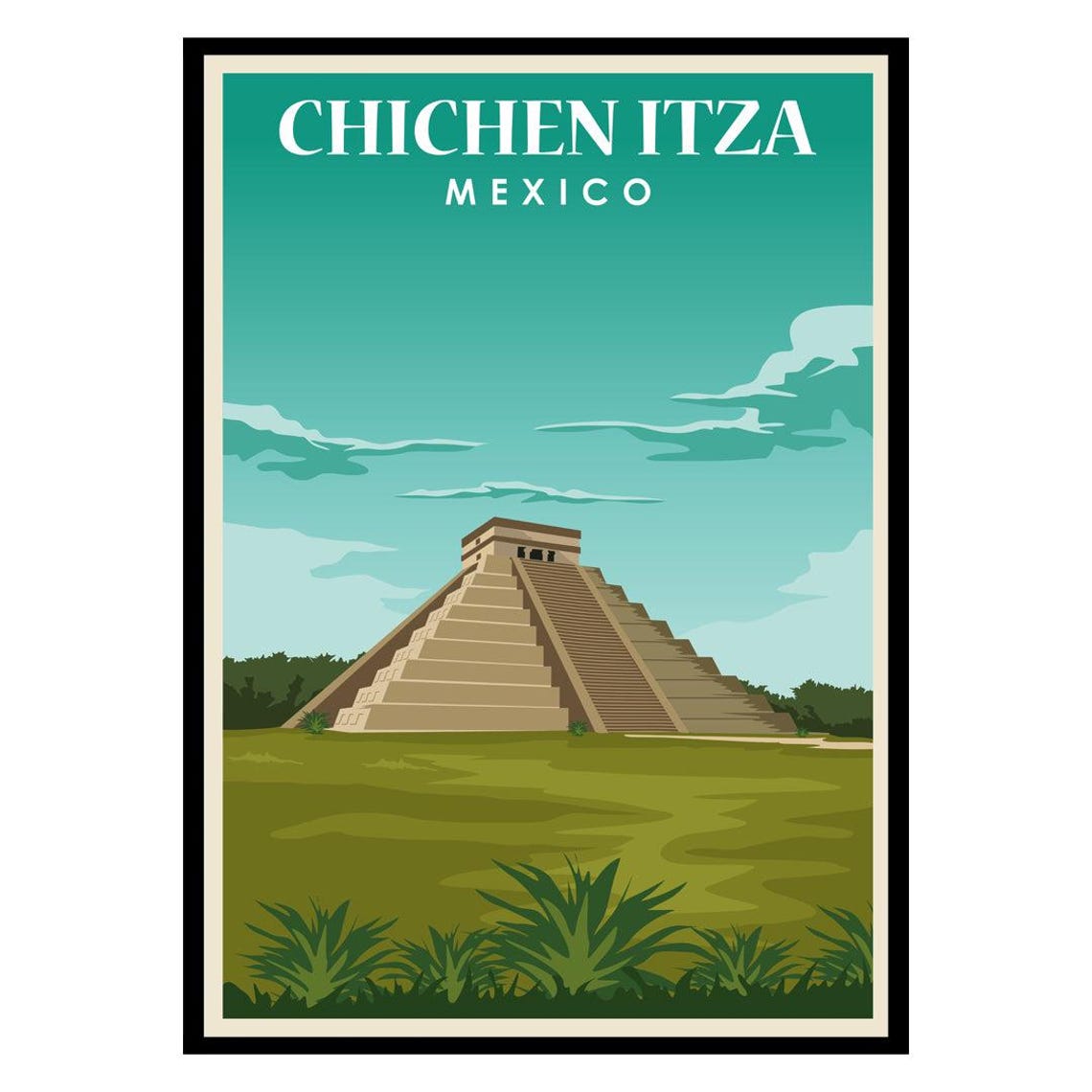 Chichen Itza Mexico Mayan Pyramid Ruins Vintage Travel Landmark Poster