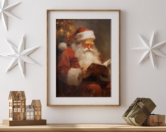 Santa Claus Reading By The Christmas Tree Oil Painting Poster