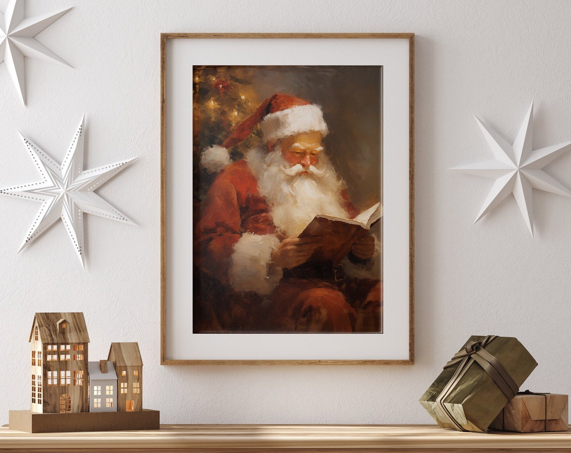 Santa Claus Reading By The Christmas Tree Oil Painting Poster