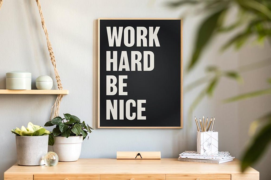 Work Hard Be Nice Black And White Bold Typography Motivational Poster - Image 2