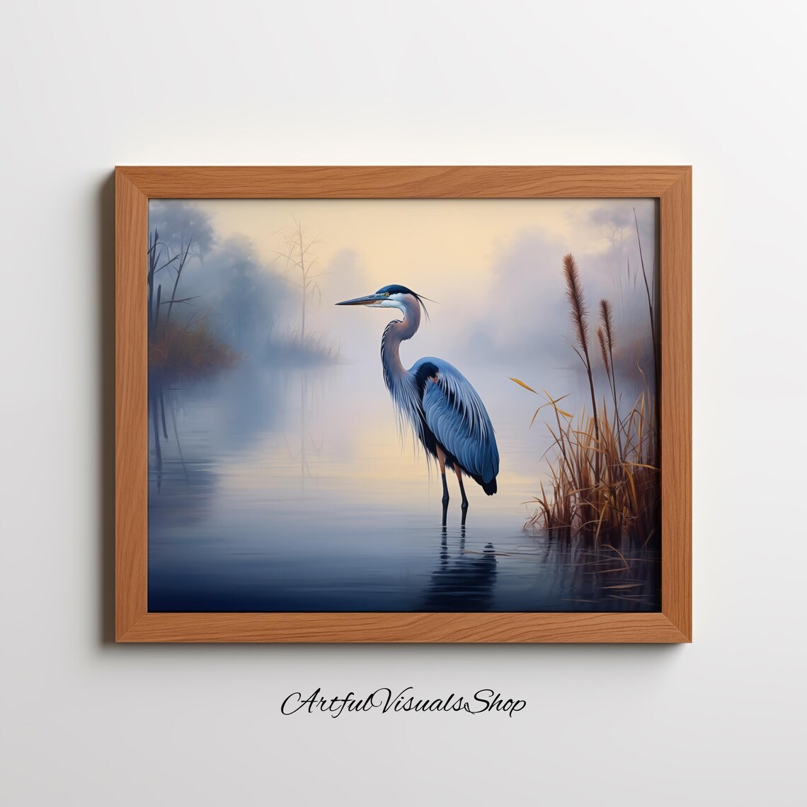 Great Blue Heron Art Print, Misty Wetland Landscape