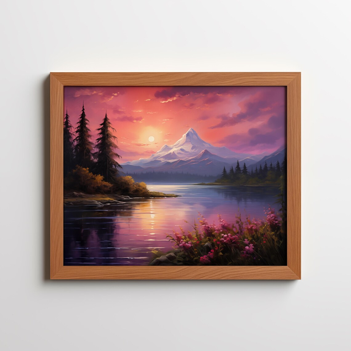 Mountain Lake Sunset Painting Poster Vibrant Pink Alpine Lake Art