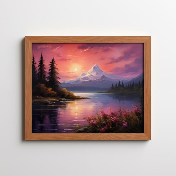 Mountain Lake Sunset Wall Art Vibrant Nature Fantasy Painting Style Instant Decor