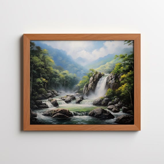 Lush Forest Waterfall Print Tranquil Nature Landscape