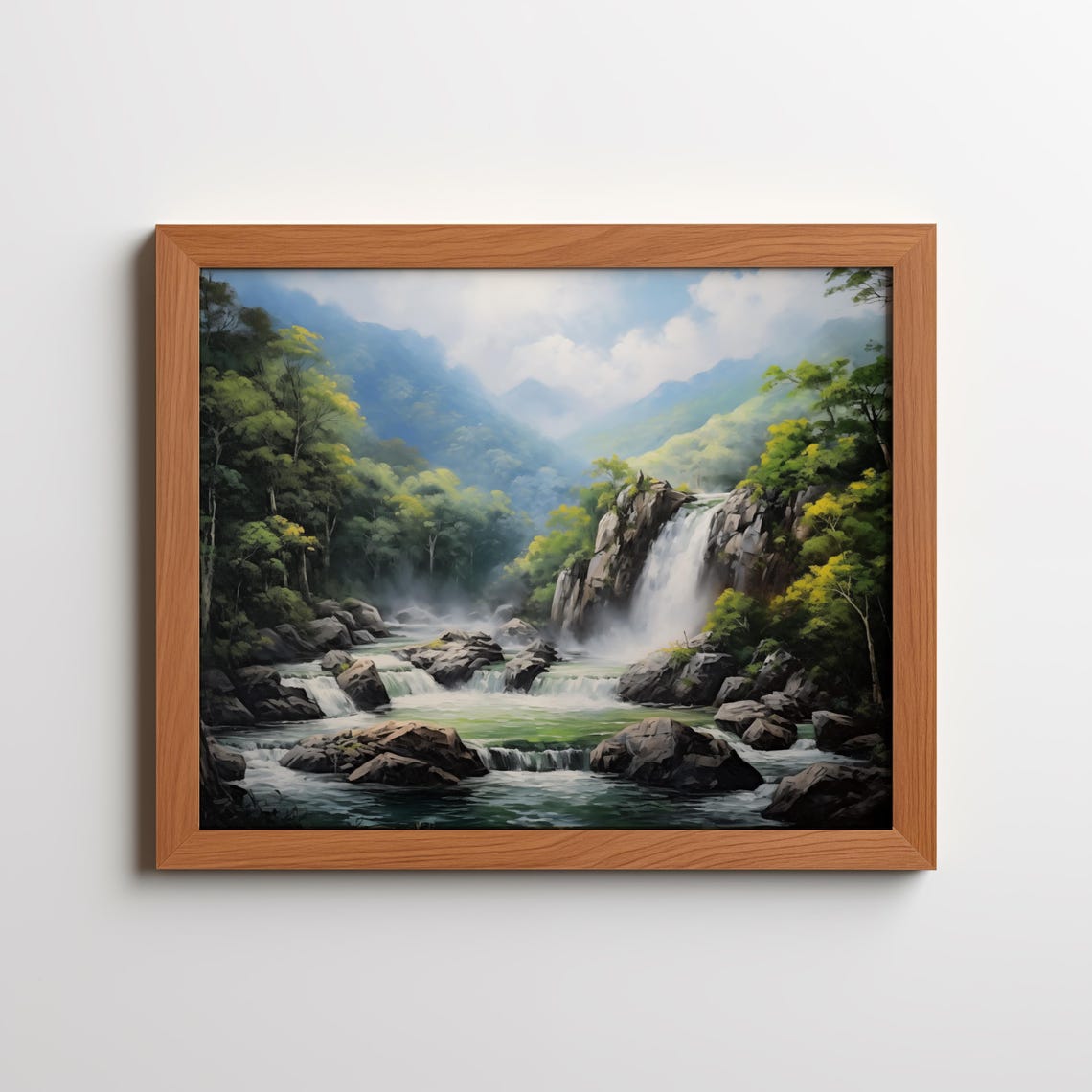 Forest Waterfall River Rocks Lush Green Valley Landscape Poster