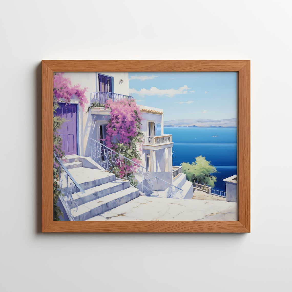 Greek Island White Houses Blue Sea Bougainvillea Coastal Poster