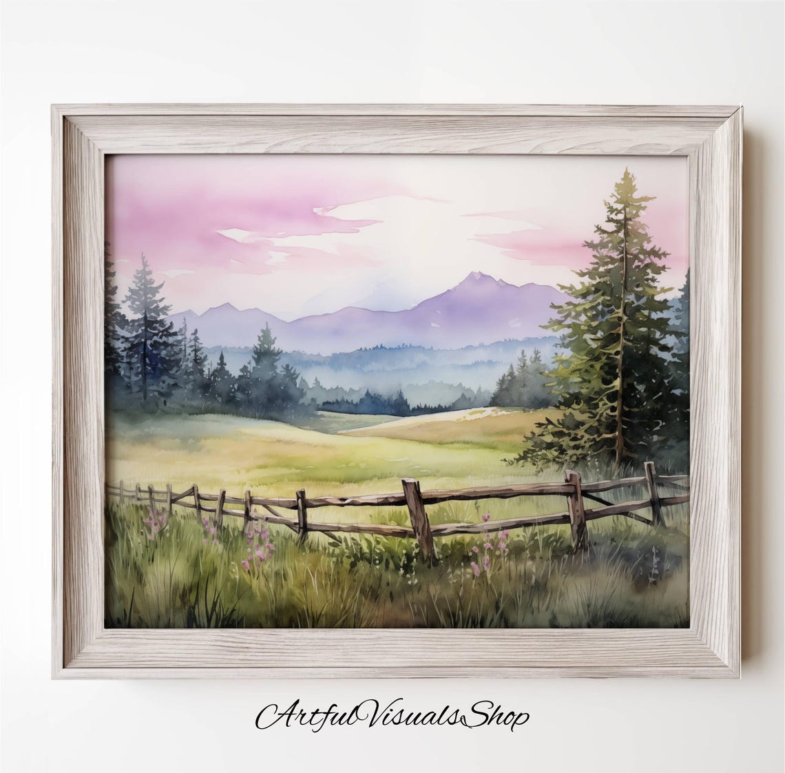 Sunset Mountain Meadow Watercolor Landscape Nature Scene Poster