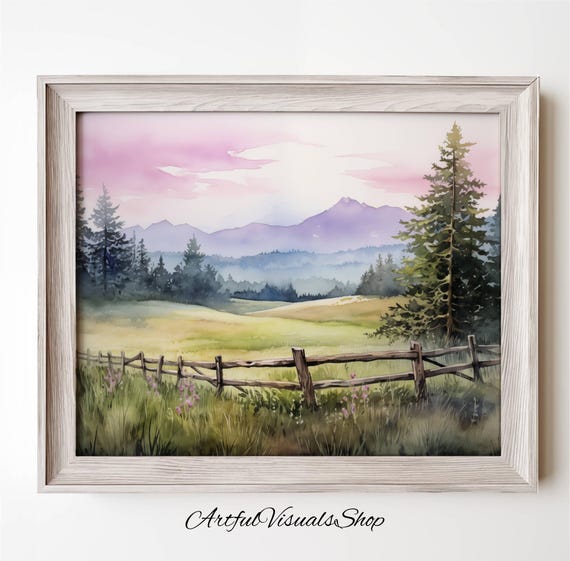Watercolor Sunset Landscape Print Trees Sky Nature Art