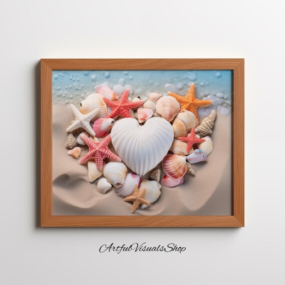 Heart Shell Starfish Beach Print Coastal Nautical Wall Art