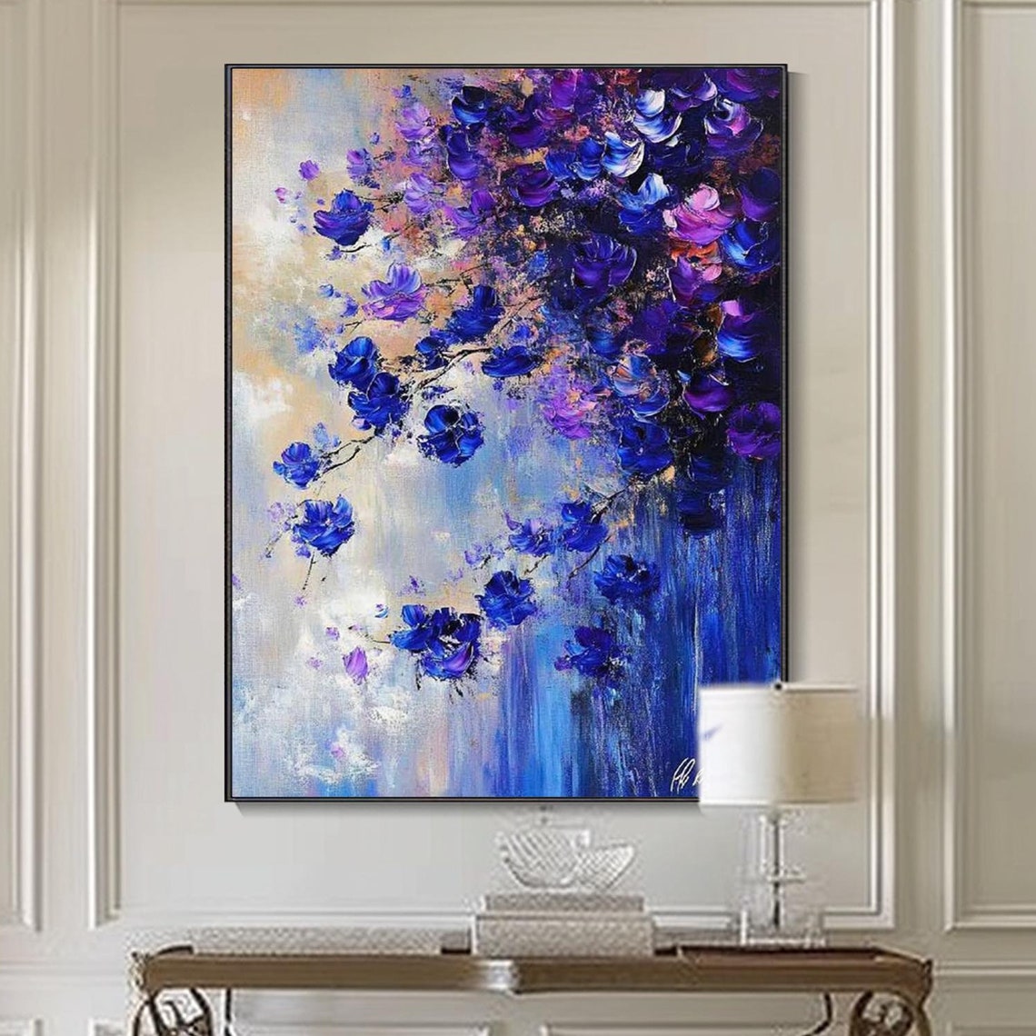 Deep Blue Violet Blossoms Cascade Textured Abstract Floral Art Poster