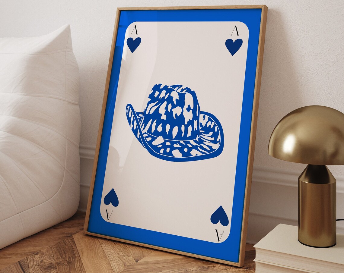 Blue Ace Of Hearts Western Cowboy Hat Retro Playing Card Poster - Image 3
