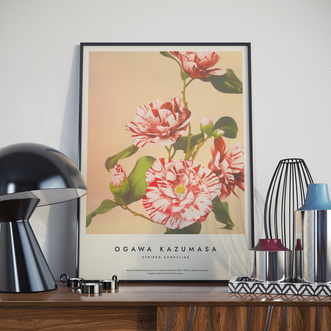 Striped Camellias Vintage Japanese Floral Art Print