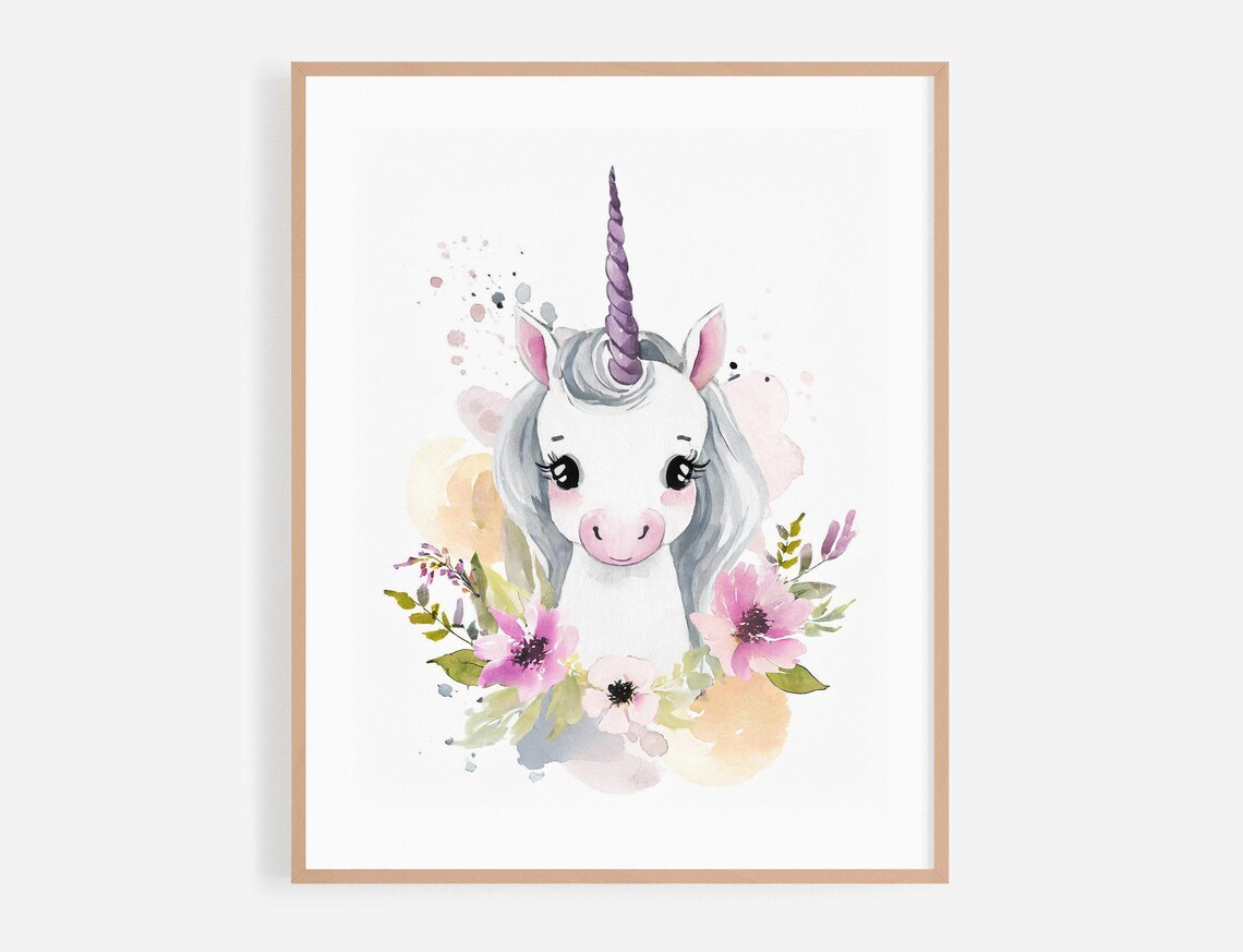 Baby Unicorn With Purple Horn and Pink Flowers Nursery Poster