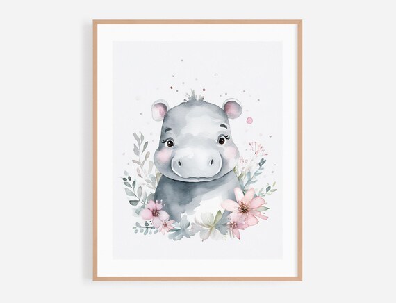Cute Baby Hippo Watercolor Portrait With Floral Garland Poster