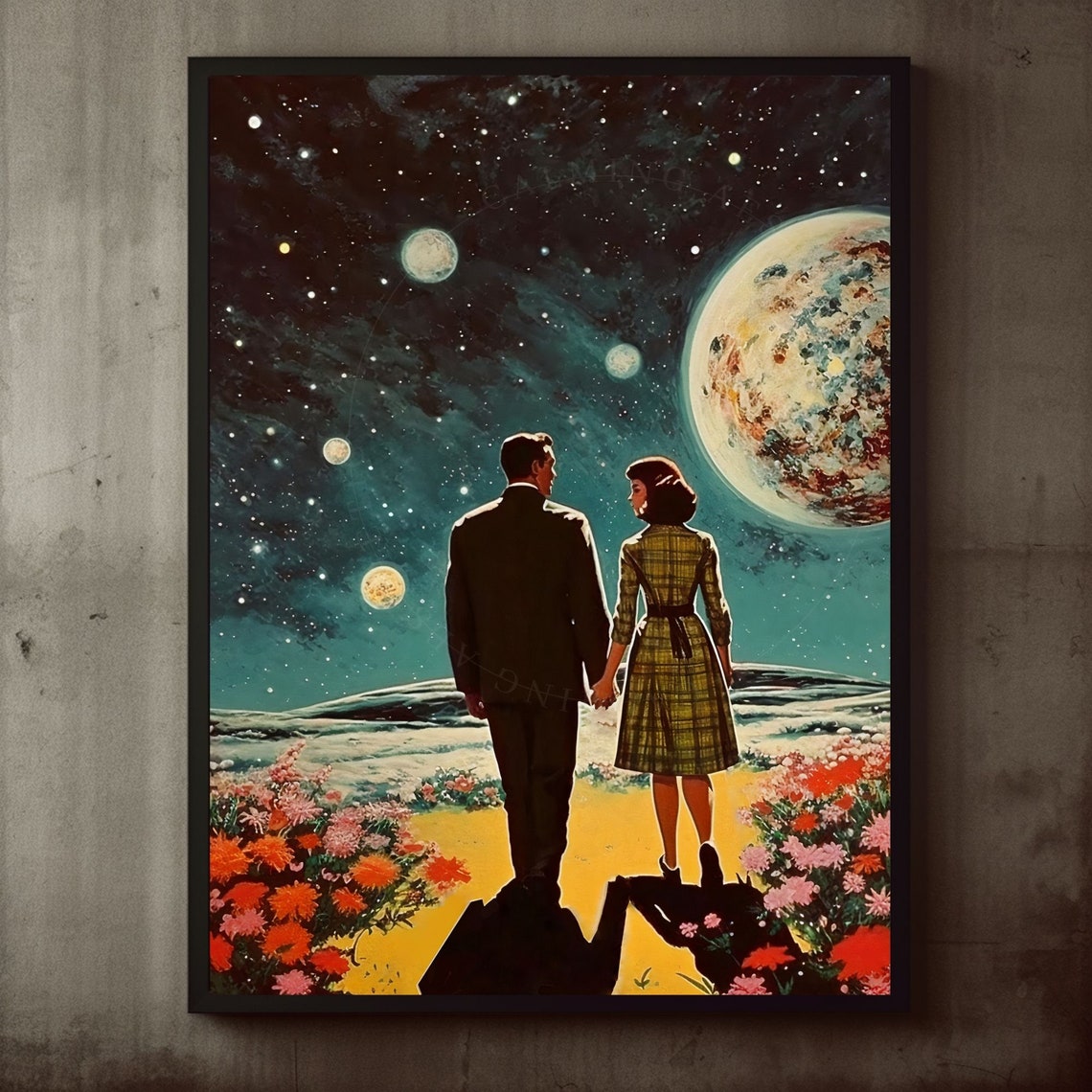 Retro SciFi Couple Stargazing Under Giant Planet Vintage Poster