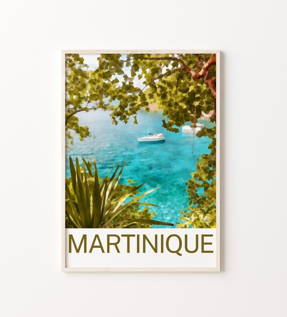Martinique Caribbean Turquoise Cove with Sailboats Travel Poster