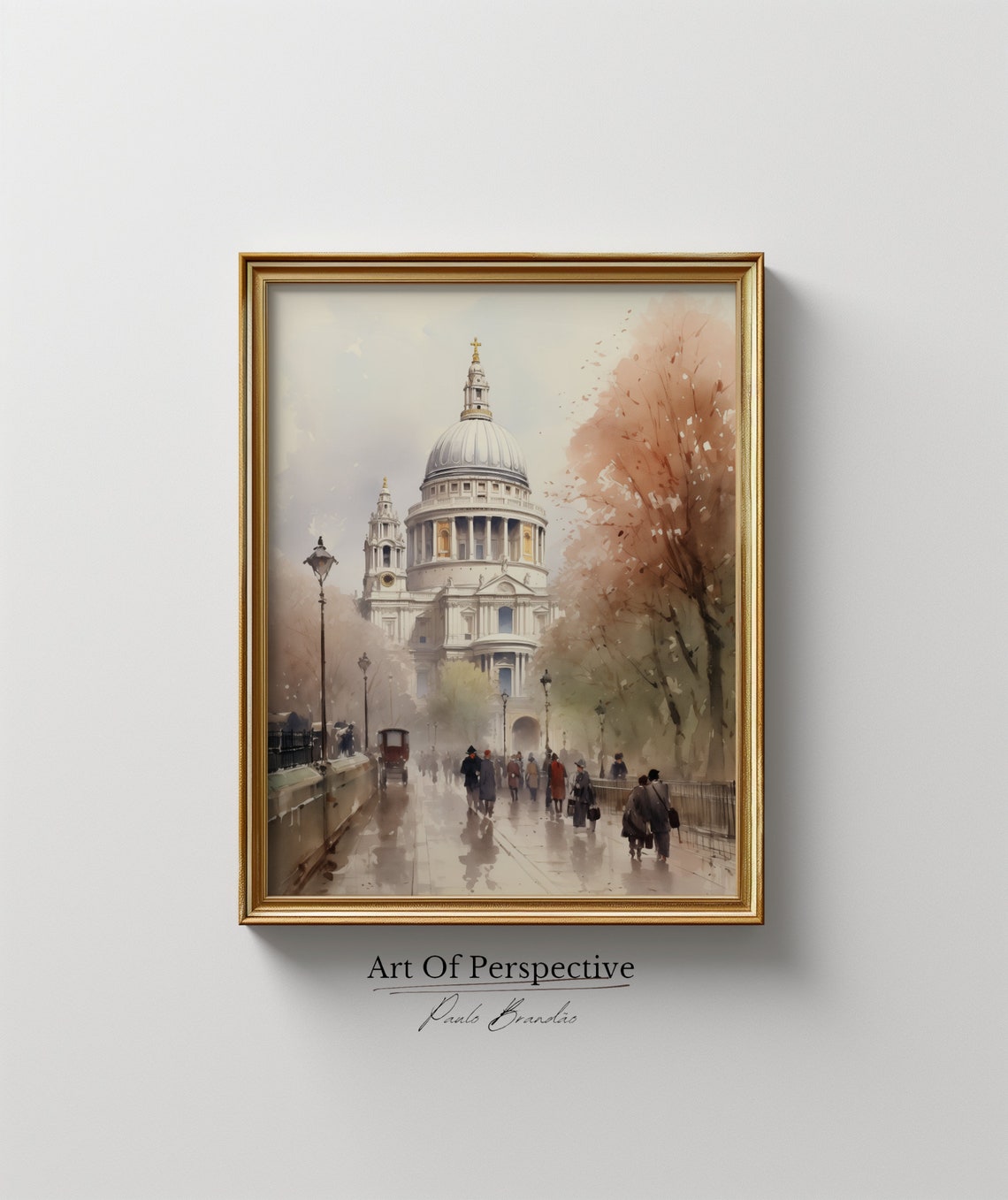 St Pauls Cathedral London Watercolor Misty Crowd Architecture Poster