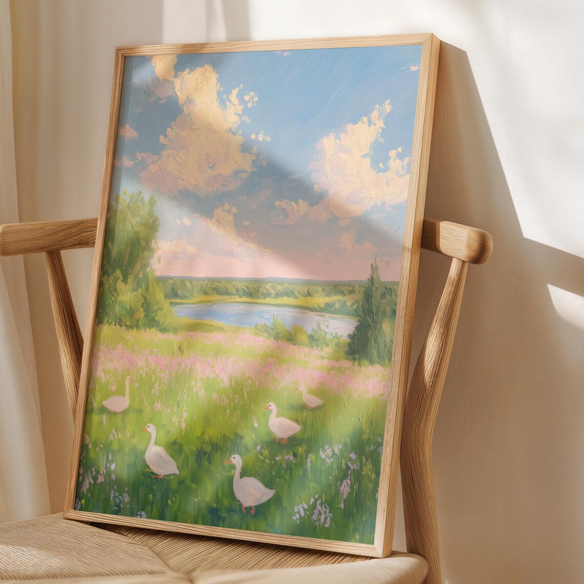 Geese In Meadow Impressionist Landscape Vintage Ducks Poster - Image 3