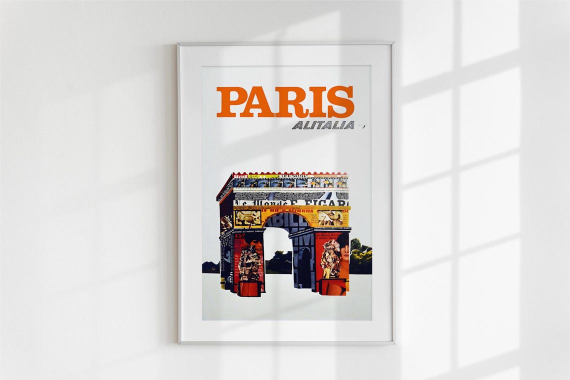 Alitalia Paris Vintage Airline Poster Arc de Triomphe Retro Art