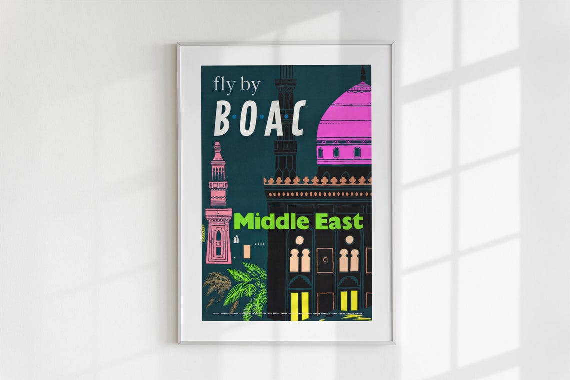 Fly by BOAC Middle East Vintage Airline Poster Mosque Retro Art