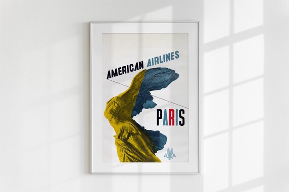 American Airlines Paris Winged Victory Statue Vintage Travel Poster