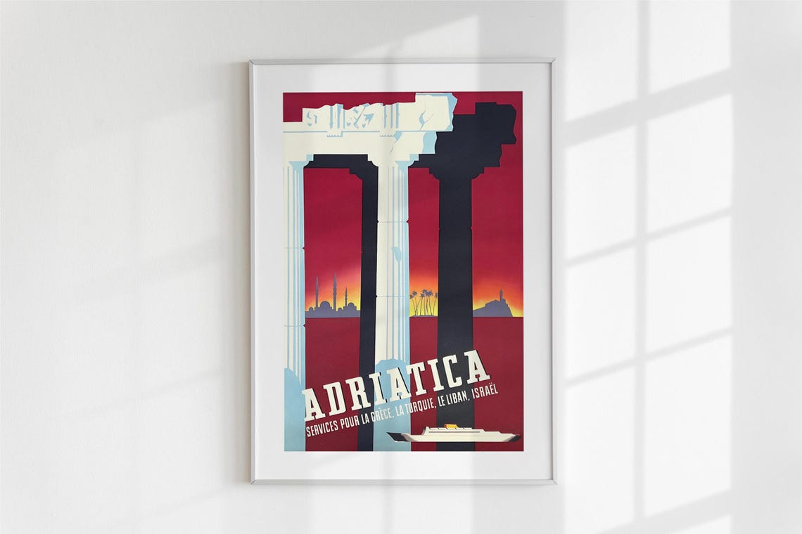 Adriatica Vintage Cruise Poster Greek Columns Ocean Liner Ship Art