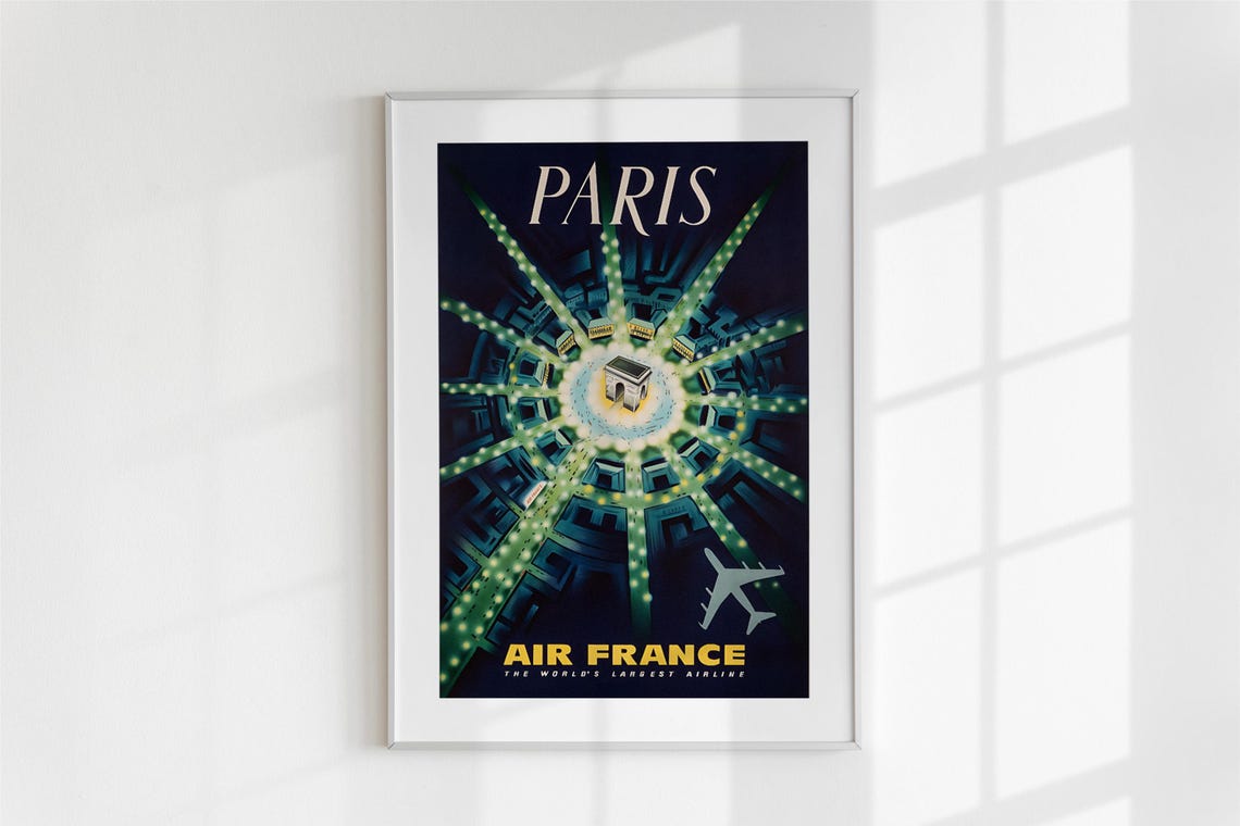 Air France Vintage Airline Poster Paris Arc de Triomphe Night View