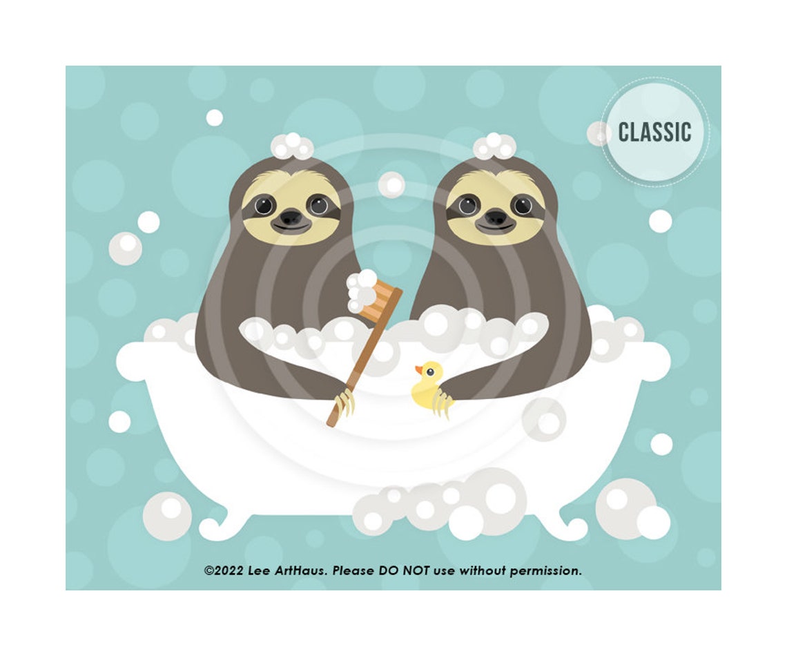 Two Cute Sloths Sharing Bubble Bath Bright Teal Bathroom Art Print - Image 4