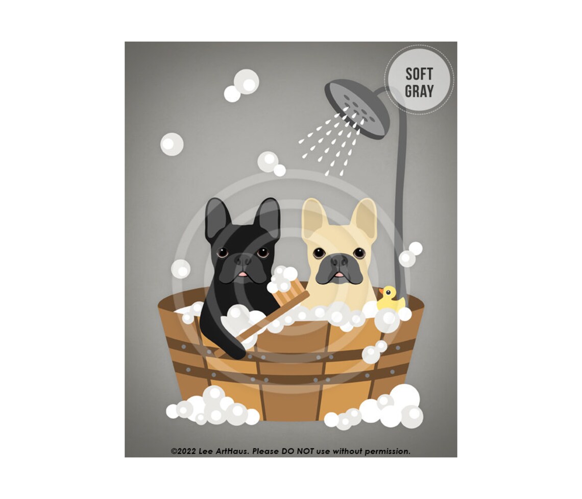 Two French Bulldogs in Wooden Tub Bubble Bath Shower Cute Dog Poster - Image 3