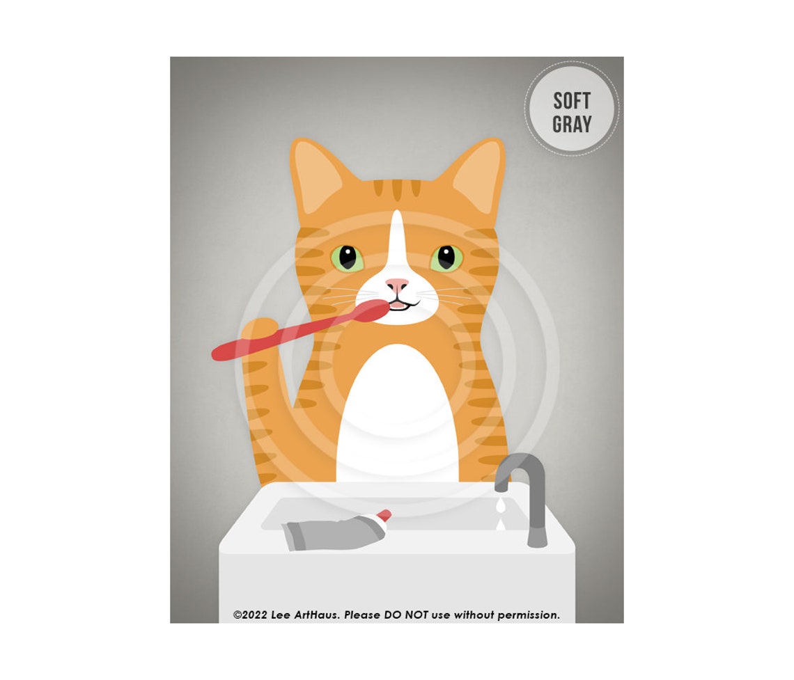 Orange Tabby Cat Brushing Teeth At Bathroom Sink Funny Art Poster - Image 3