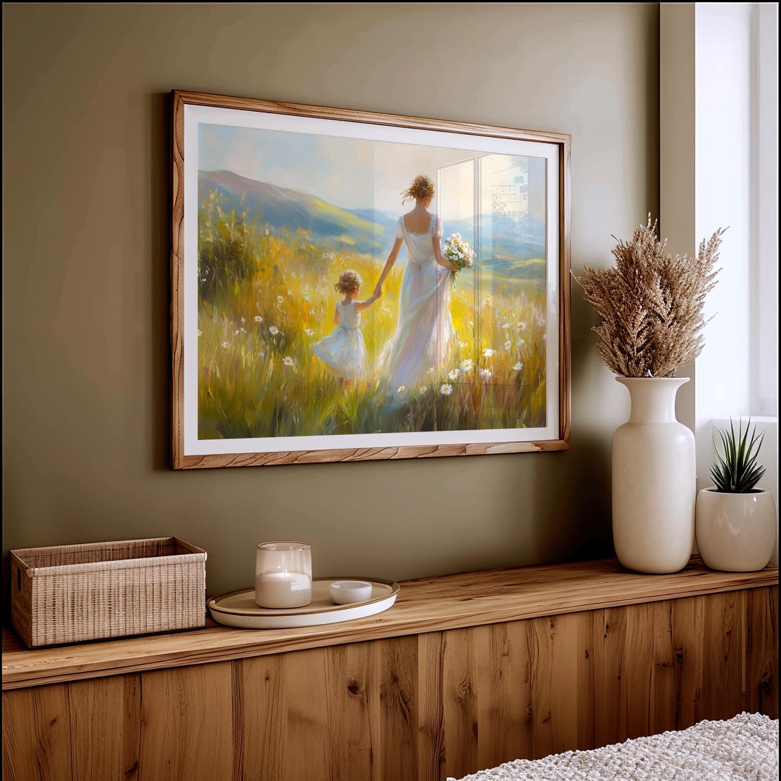 Mother And Child Walking Through Sunlit Daisy Meadow Art Poster - Image 4