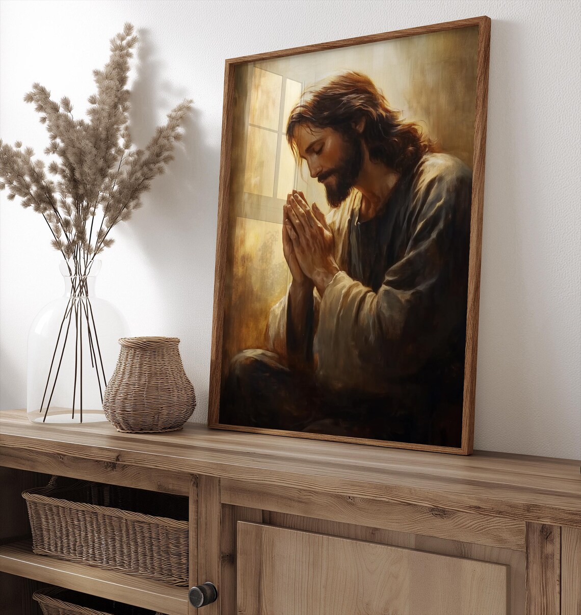 Jesus Christ Praying Hands Golden Light Religious Oil Painting Poster - Image 4