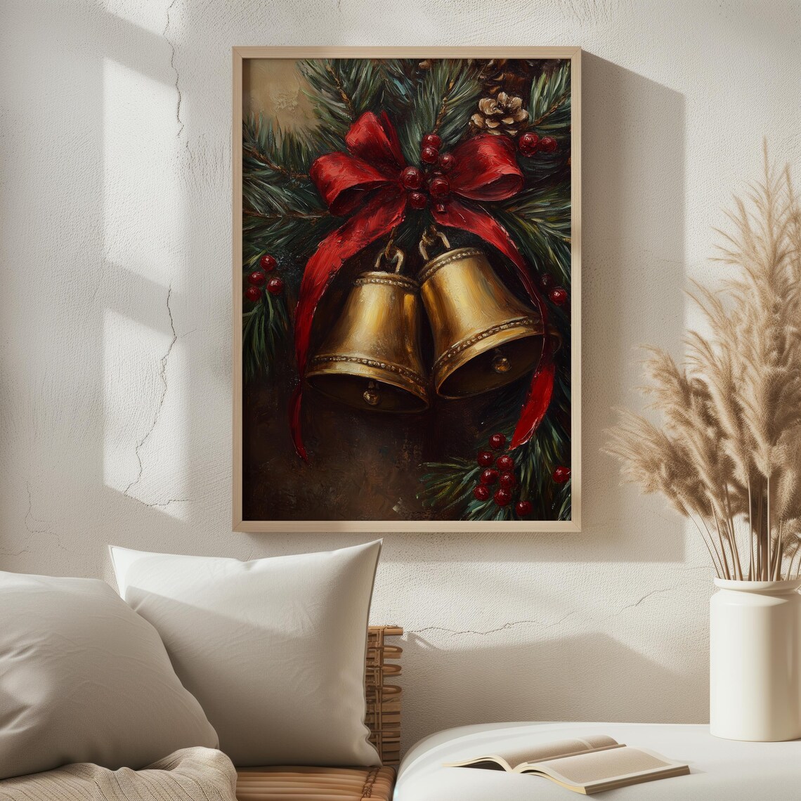 Golden Christmas Bells Red Ribbon Pine Berries Vintage Painting Print - Image 2