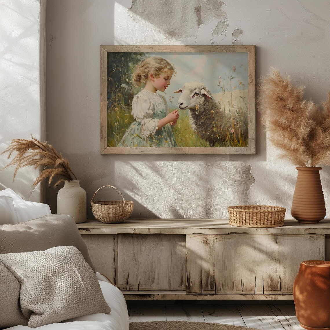 Little Girl and Sheep Lamb, Vintage Oil Art Print - Image 3