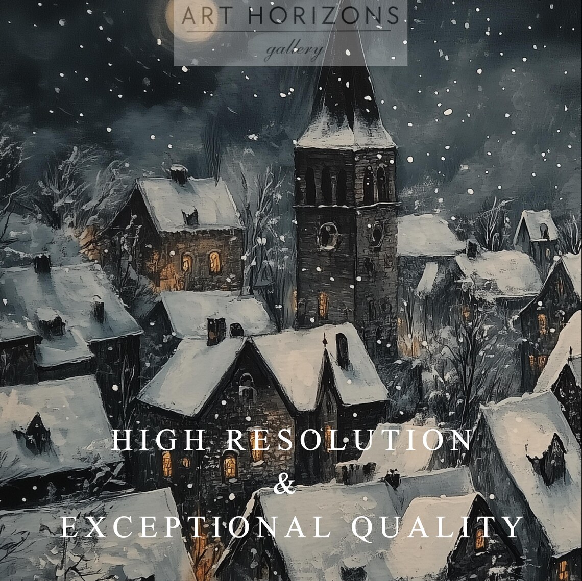 Snowy Village Night Church Tower Moonlit Winter Holiday Scene Poster - Image 3