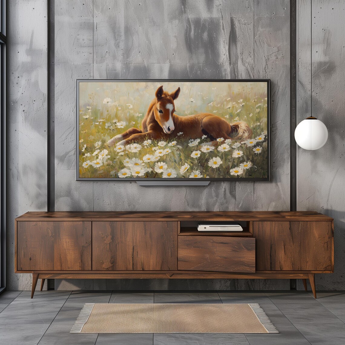 Baby Foal Lying Daisy Field Sweet Horse Painting Spring Farm Poster - Image 3