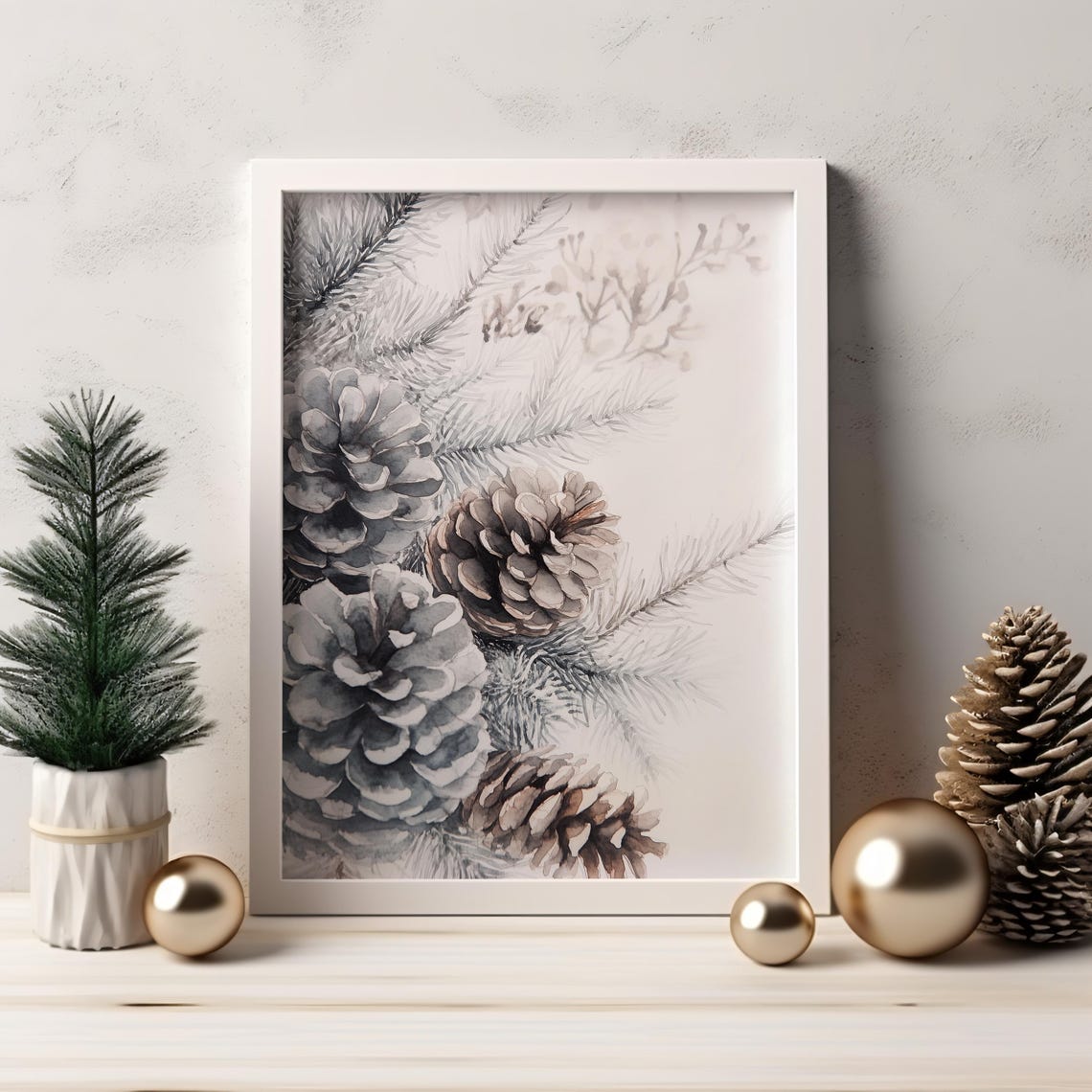 Snowy Pine Cones Evergreen Branches Blue Gray Watercolor Print - Image 2