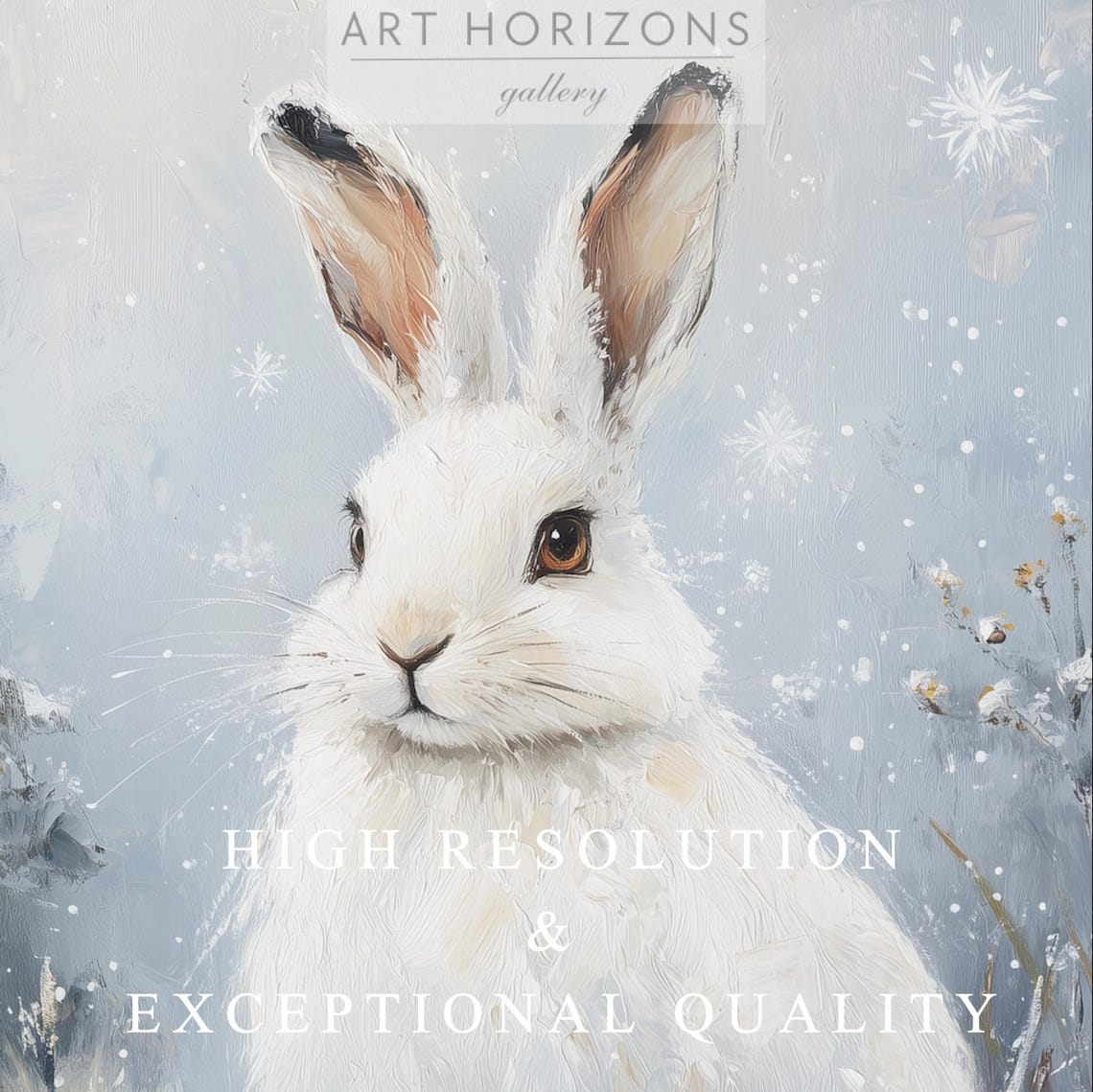 White Arctic Hare In Snowy Field With Falling Snowflakes Art Poster - Image 3