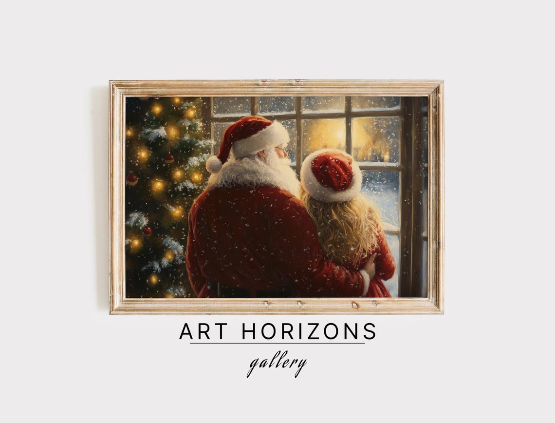 Mr Mrs Claus Snowy Window Christmas Tree Cozy Evening Poster