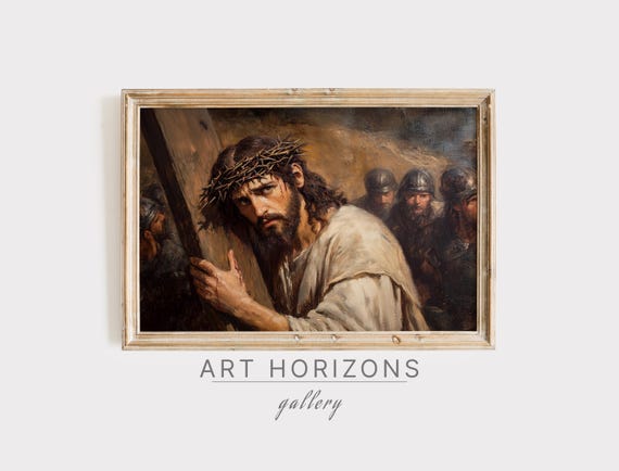 Antique Christian Oil Painting Cross Wall Art Jesus Christ Savior Portrait Print Religious Vintage Bible Verse Easter Decor A361