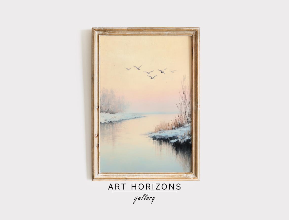 Soft Winter River At Dawn With Flying Birds Minimalist Art Poster