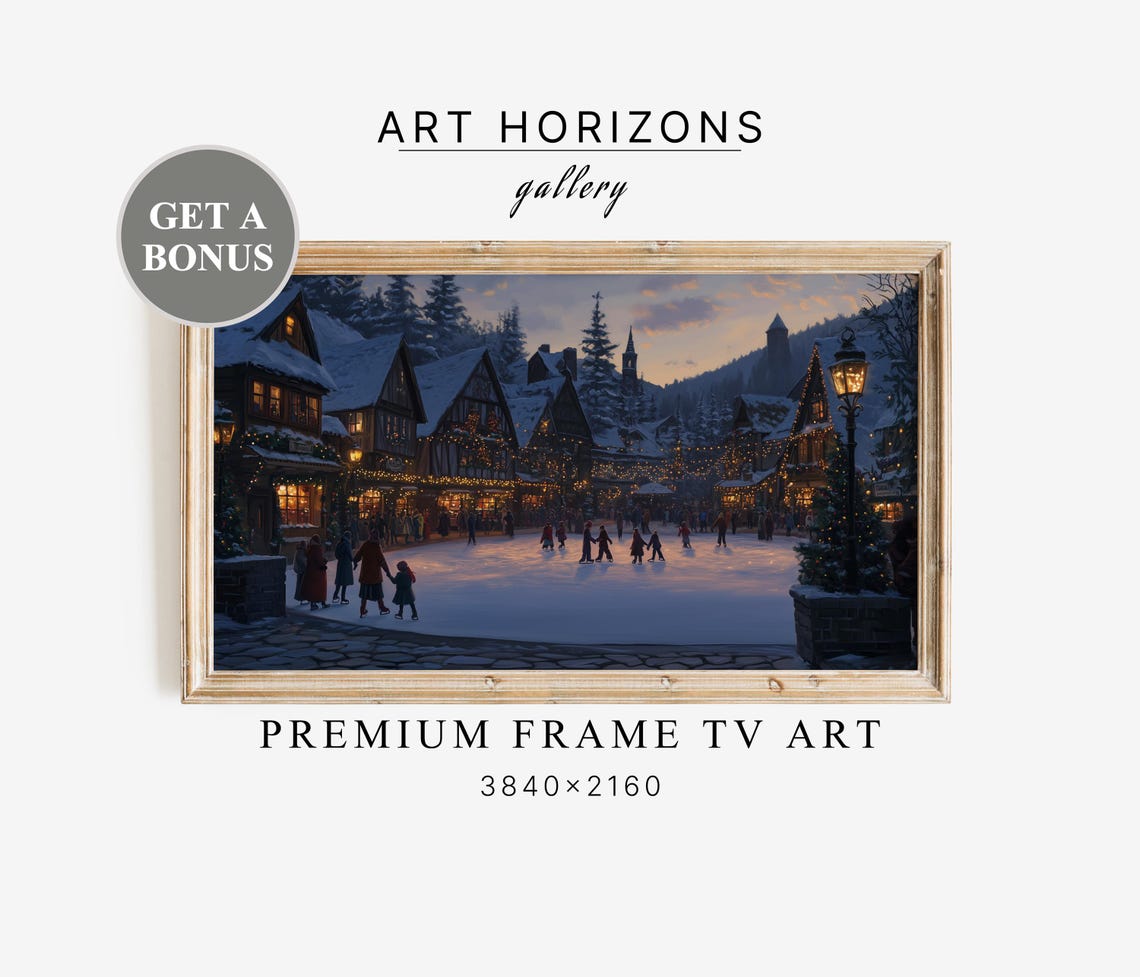 Alpine Village Square Ice Skating at Dusk Frame TV Art Travel Poster
