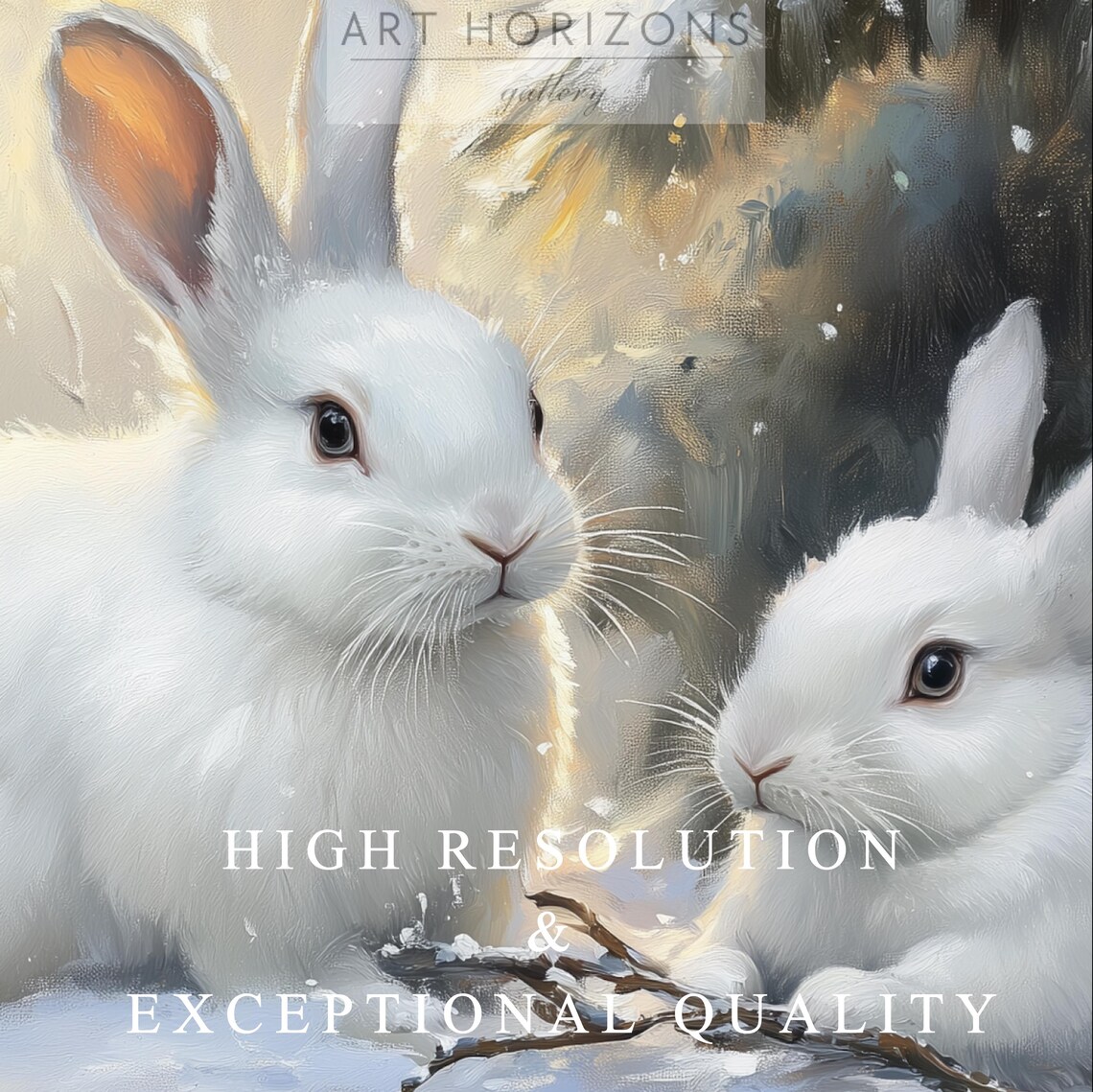 Two White Rabbits Snowy Pine Winter Glow Cute Vintage Animal Poster - Image 3