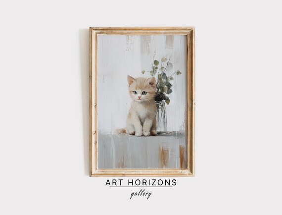 Cream Kitten Sitting With Eucalyptus Sprigs Soft Neutral Nursery Art Poster
